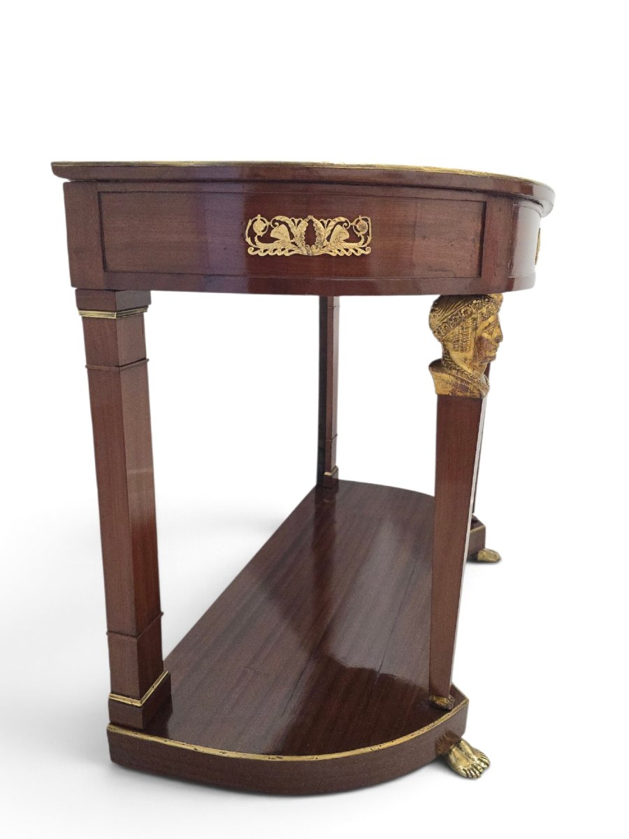 French Empire-style Half-moon Console Table, Decorated With Gilded Bronze And Gilded Caryatids, 19th Century-photo-2