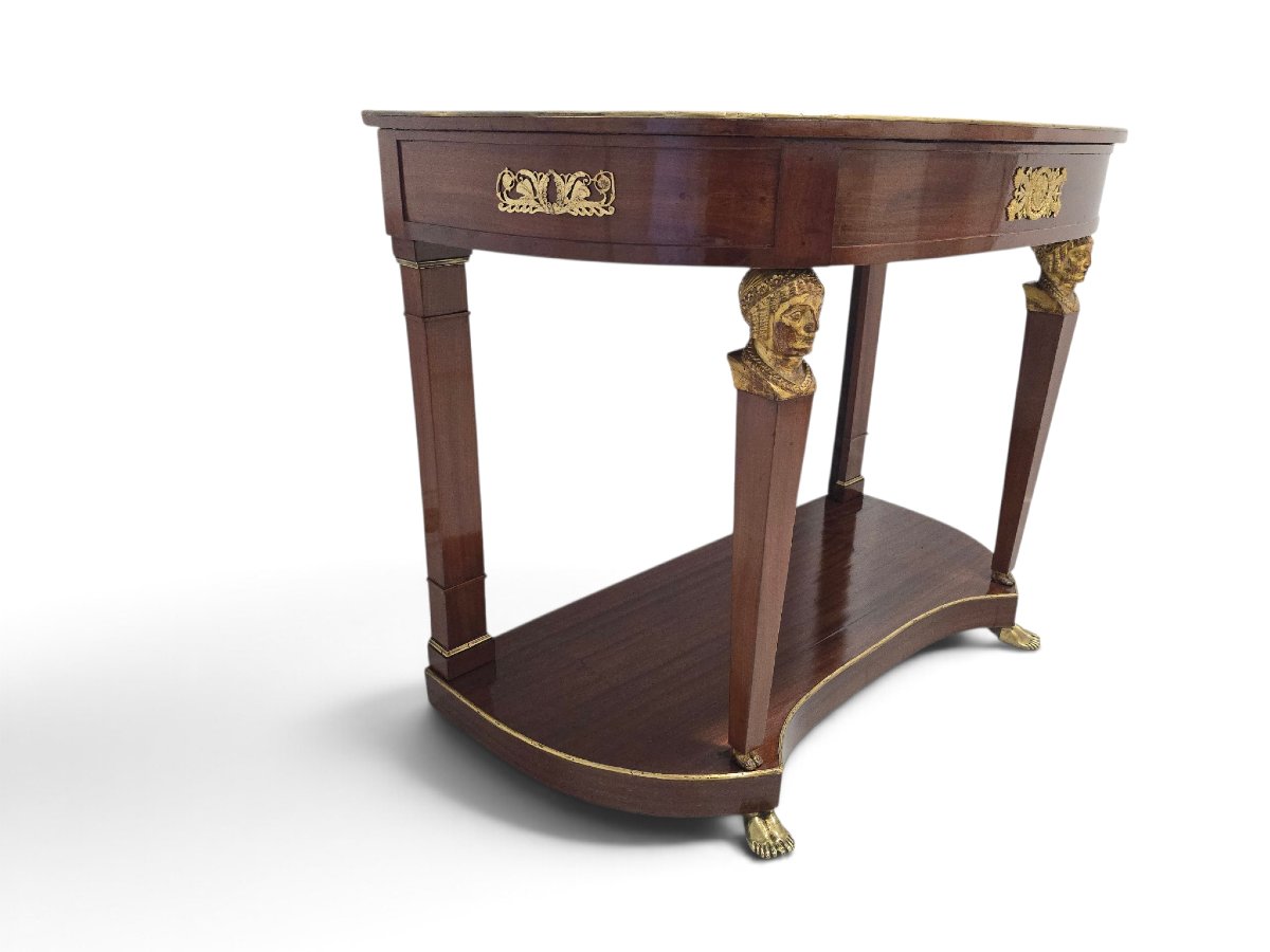 French Empire-style Half-moon Console Table, Decorated With Gilded Bronze And Gilded Caryatids, 19th Century-photo-5