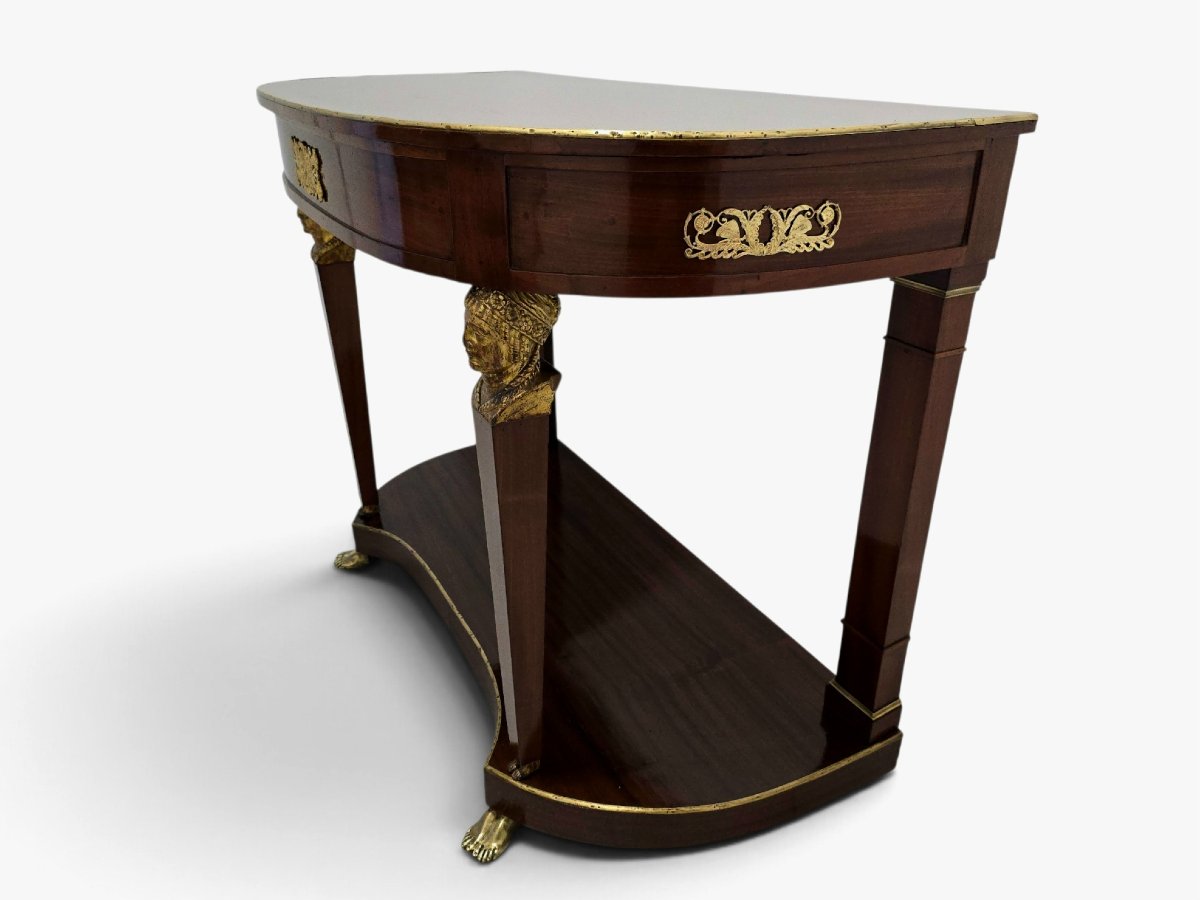 French Empire-style Half-moon Console Table, Decorated With Gilded Bronze And Gilded Caryatids, 19th Century-photo-6