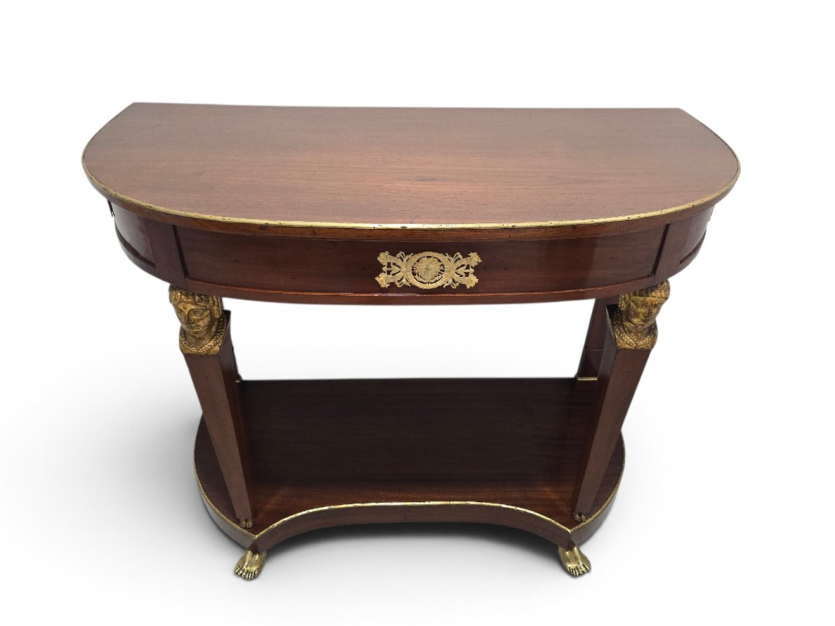 French Empire-style Half-moon Console Table, Decorated With Gilded Bronze And Gilded Caryatids, 19th Century