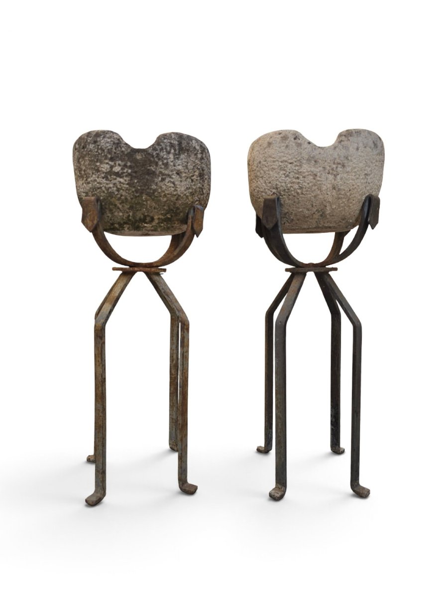 Paire de jardinières en pierre sculptée du XIXe siècle sur supports en fer forgé-photo-1