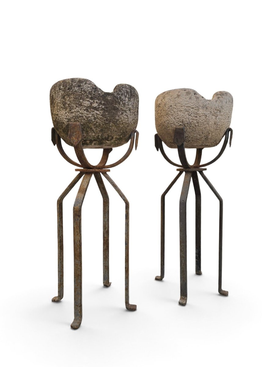 Paire de jardinières en pierre sculptée du XIXe siècle sur supports en fer forgé-photo-4