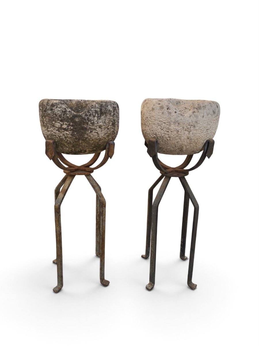 Paire de jardinières en pierre sculptée du XIXe siècle sur supports en fer forgé