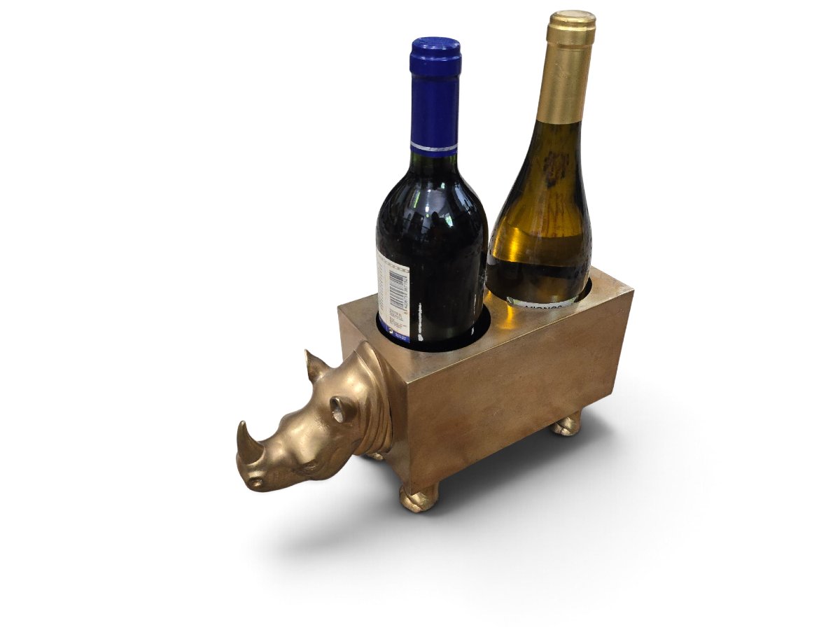 Sculptural Double Bottle Holder In The Shape Of A Rhinoceros, Made Of Brass Or Patinated Bronze, From The 1910s-photo-4