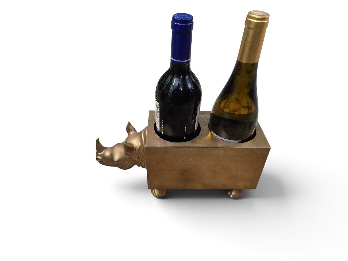 Sculptural Double Bottle Holder In The Shape Of A Rhinoceros, Made Of Brass Or Patinated Bronze, From The 1910s-photo-1