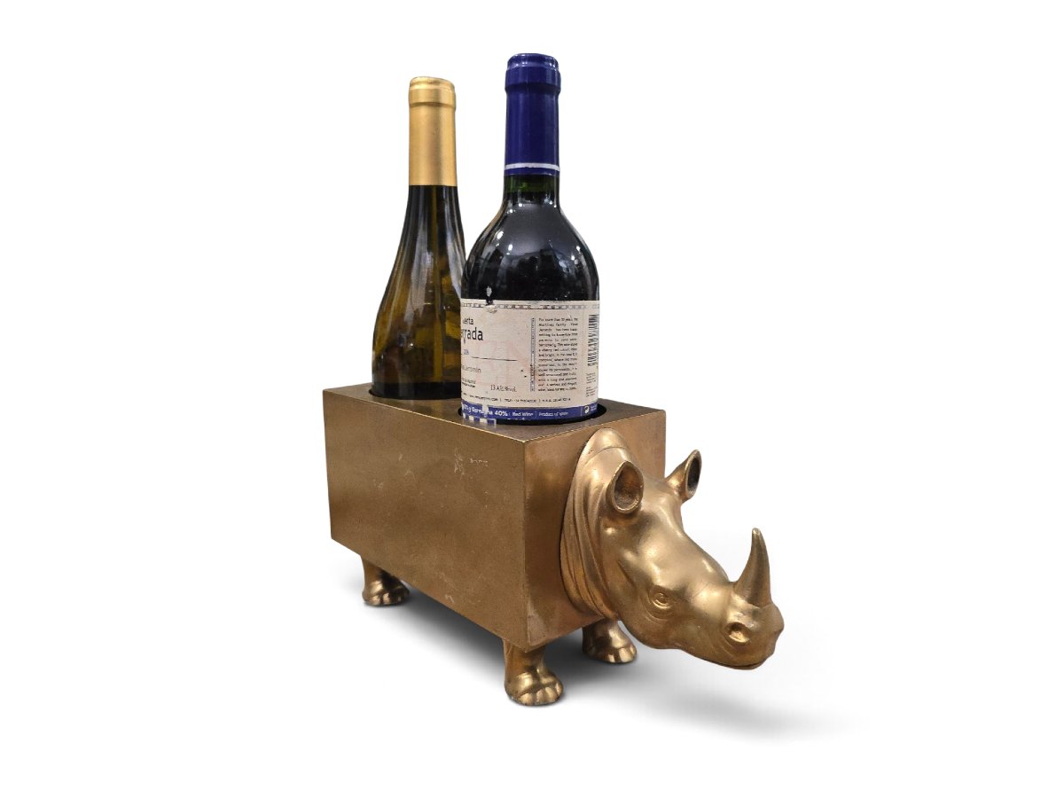 Sculptural Double Bottle Holder In The Shape Of A Rhinoceros, Made Of Brass Or Patinated Bronze, From The 1910s