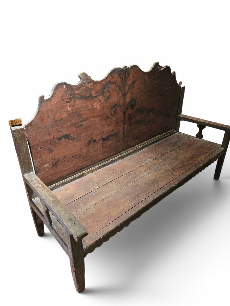 Banc français du XVIIIe siècle en bois peint à haut dossier-photo-4