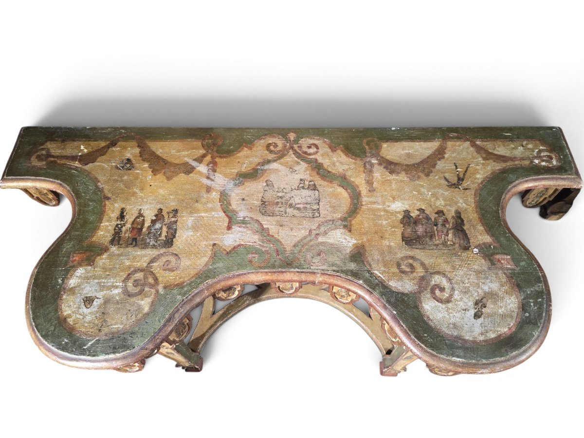 Paire de consoles vénitiennes en bois polychrome et doré, style Lacca Povera, vers 1800-photo-1