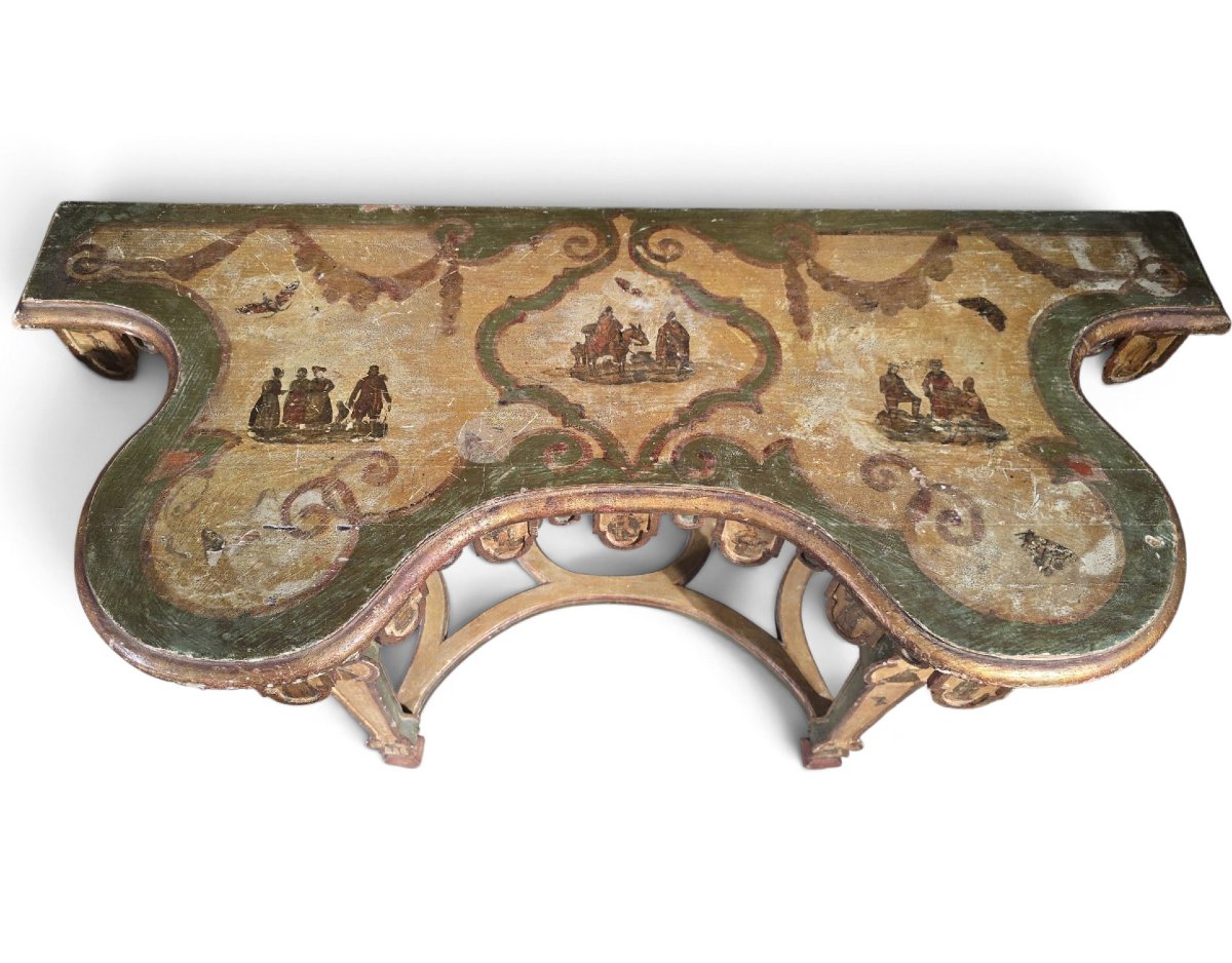 Paire de consoles vénitiennes en bois polychrome et doré, style Lacca Povera, vers 1800-photo-2