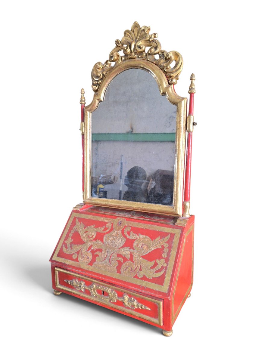18th-century European Dressing Table And Secretary Desk In Red Lacquer With A Mirror And Gilded Decoration-photo-2