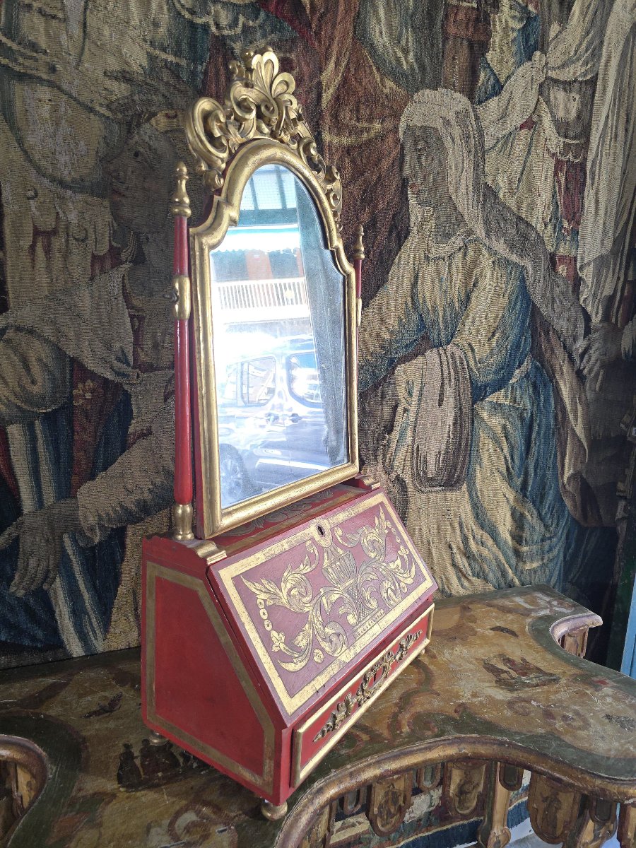 18th-century European Dressing Table And Secretary Desk In Red Lacquer With A Mirror And Gilded Decoration-photo-4