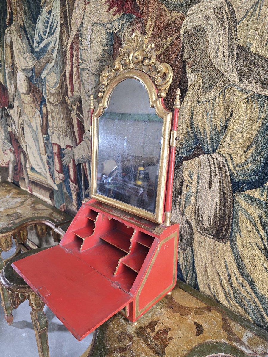 18th-century European Dressing Table And Secretary Desk In Red Lacquer With A Mirror And Gilded Decoration-photo-1
