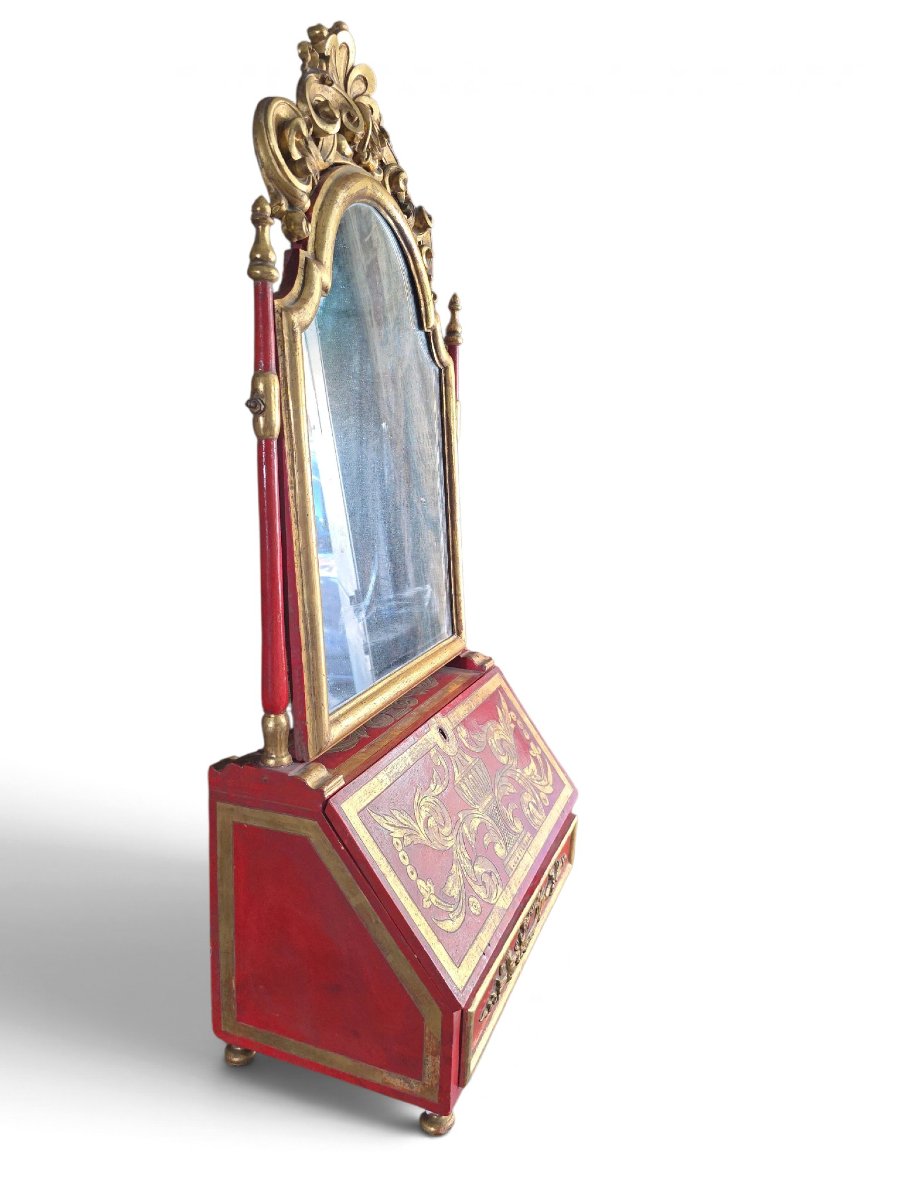 18th-century European Dressing Table And Secretary Desk In Red Lacquer With A Mirror And Gilded Decoration-photo-5