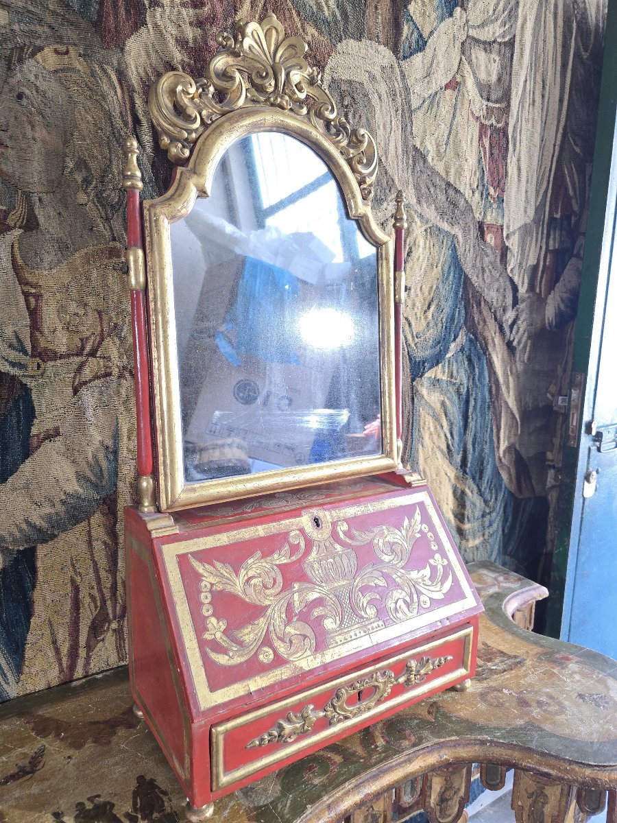 18th-century European Dressing Table And Secretary Desk In Red Lacquer With A Mirror And Gilded Decoration-photo-6
