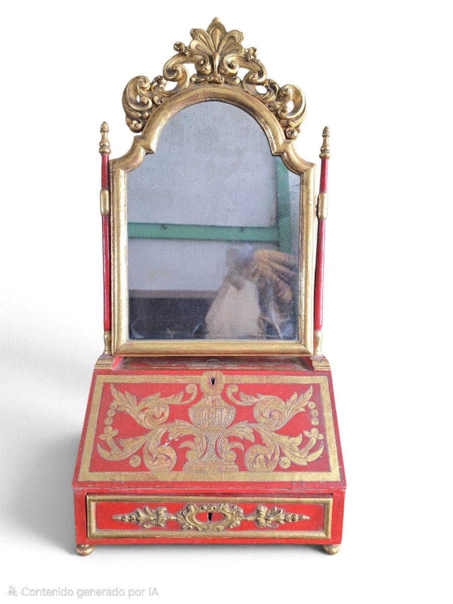 18th-century European Dressing Table And Secretary Desk In Red Lacquer With A Mirror And Gilded Decoration