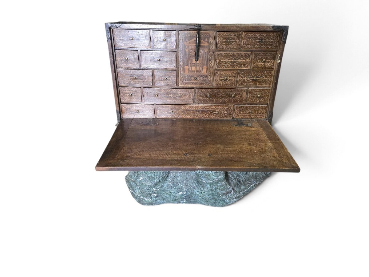 CABINET Bargueño espagnol du XVIIe siècle avec tiroirs secrets et marqueterie-photo-3
