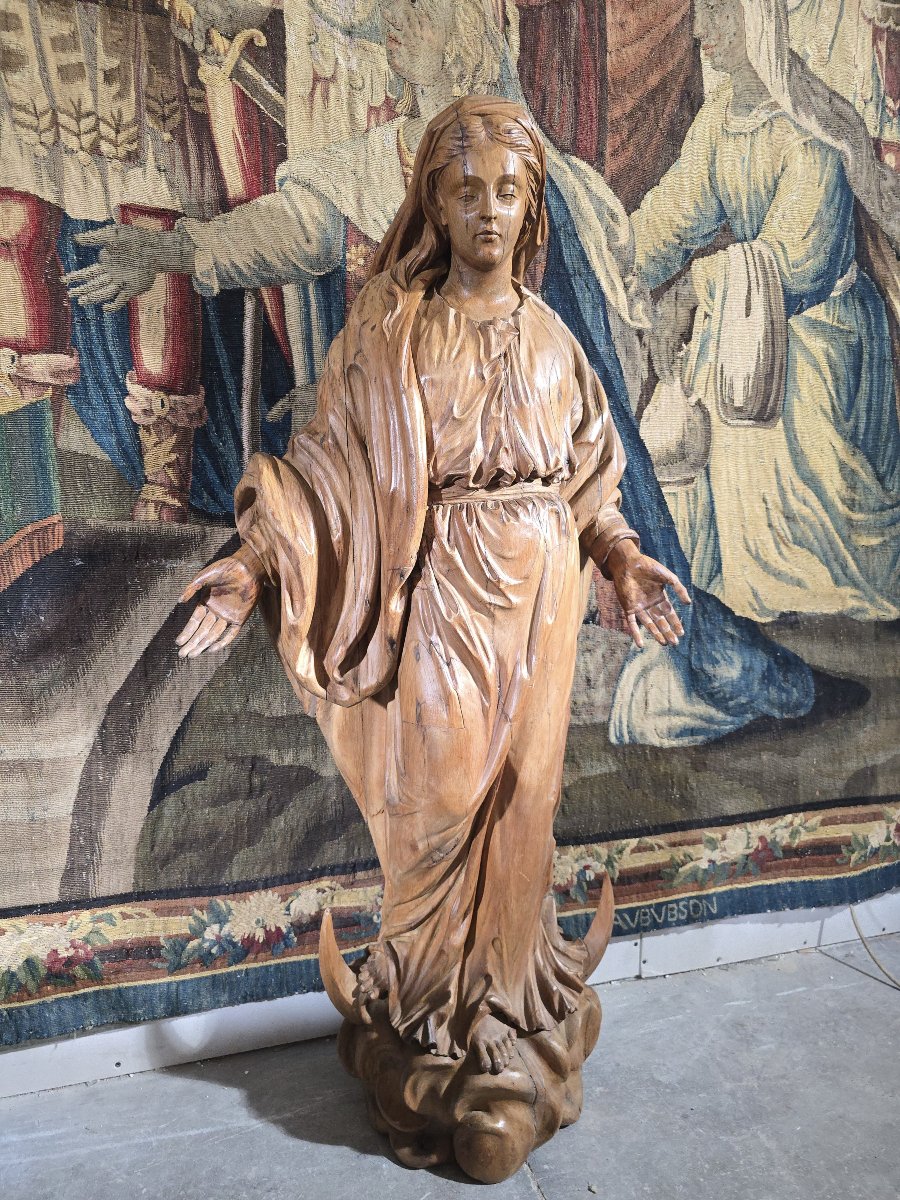 Large Statue Of The Virgin Mary Carved From Fruitwood, Germany, 17th Century, 130 Cm-photo-4