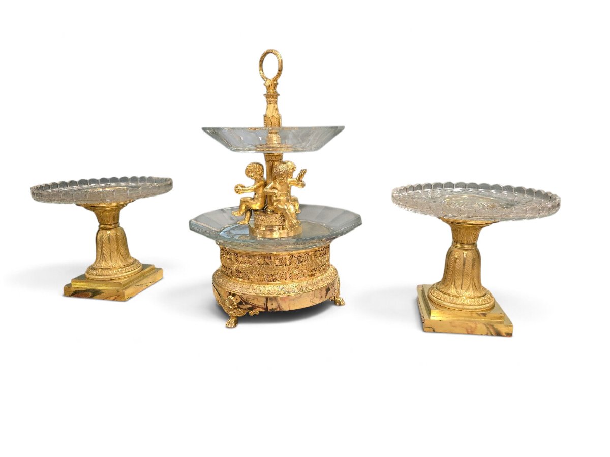 Set Of Three Centerpieces (ornaments) Made Of Gilded Bronze And Cut Glass, E Style-photo-3