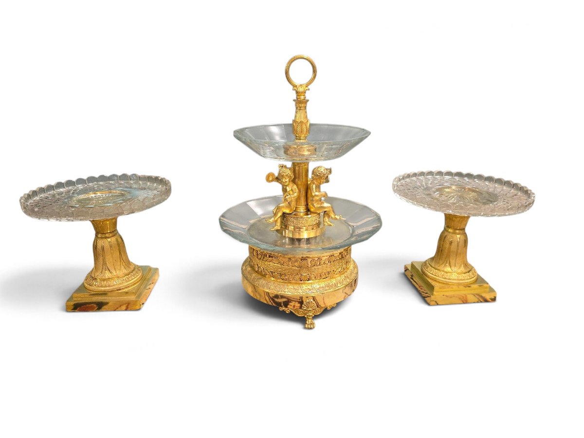 Set Of Three Centerpieces (ornaments) Made Of Gilded Bronze And Cut Glass, E Style