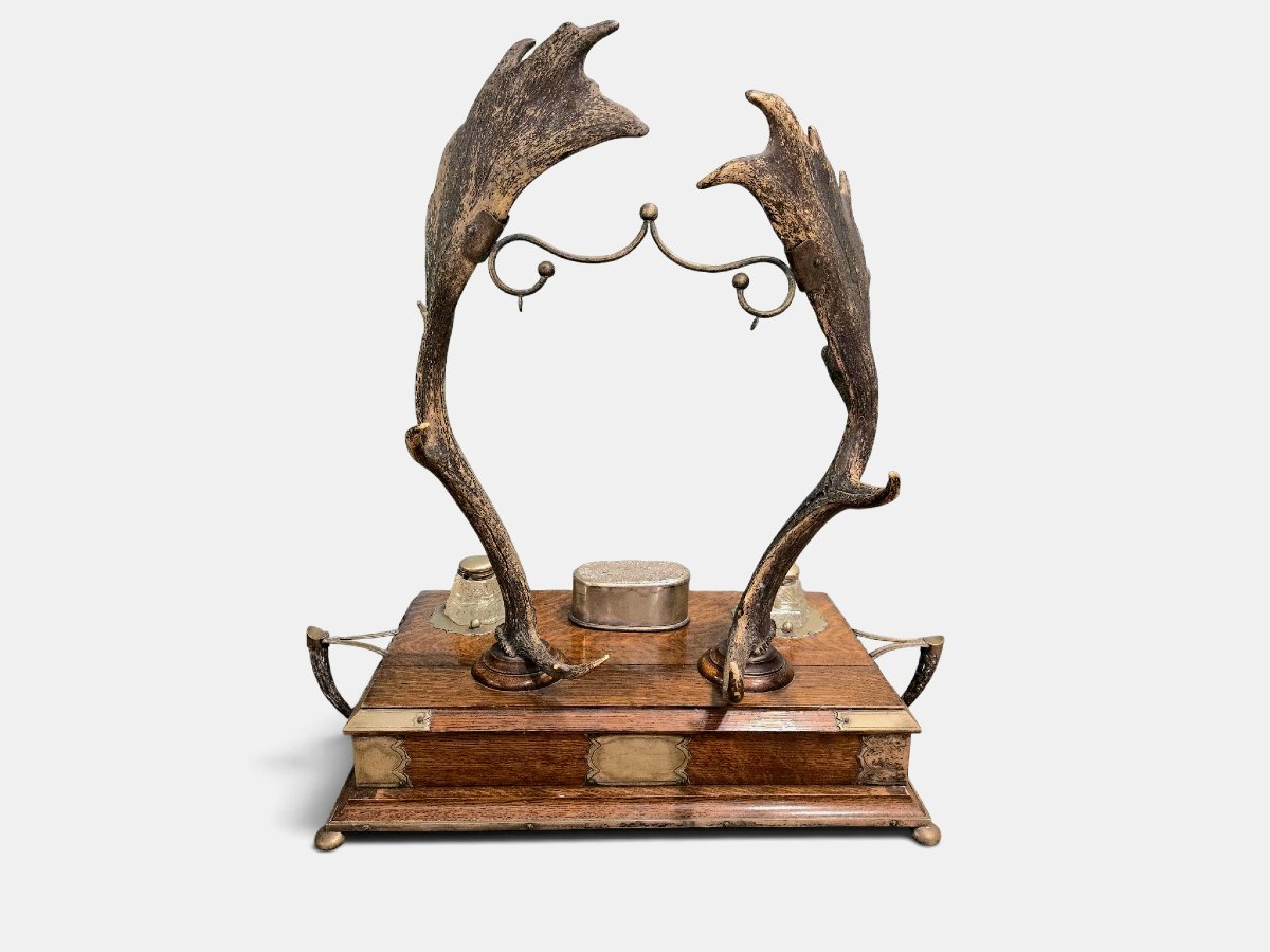 Encrier de bureau de style « chasse » en chêne, bois de daim et garnitures en bronze argenté, v-photo-6