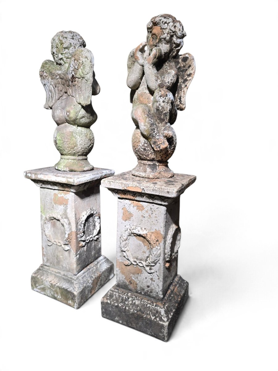 Paire de sculptures italiennes en terre cuite représentant des chérubins sur piédestaux (XIXe s-photo-3