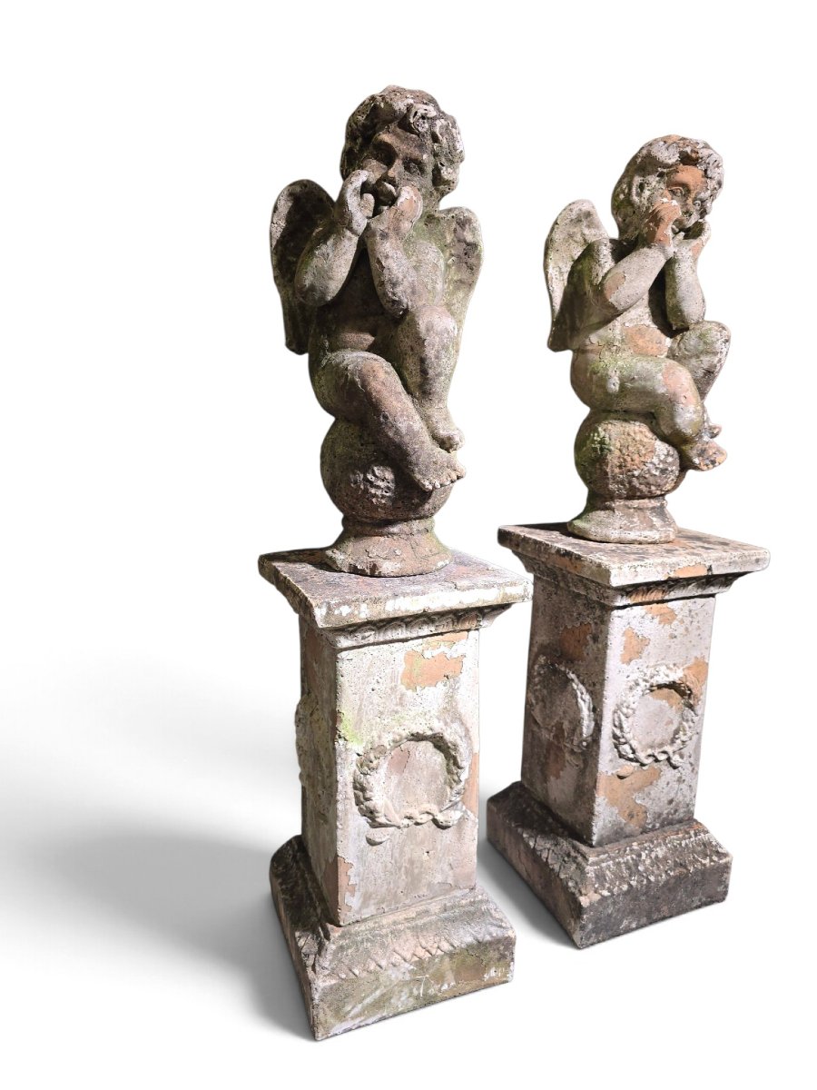Paire de sculptures italiennes en terre cuite représentant des chérubins sur piédestaux (XIXe s-photo-4