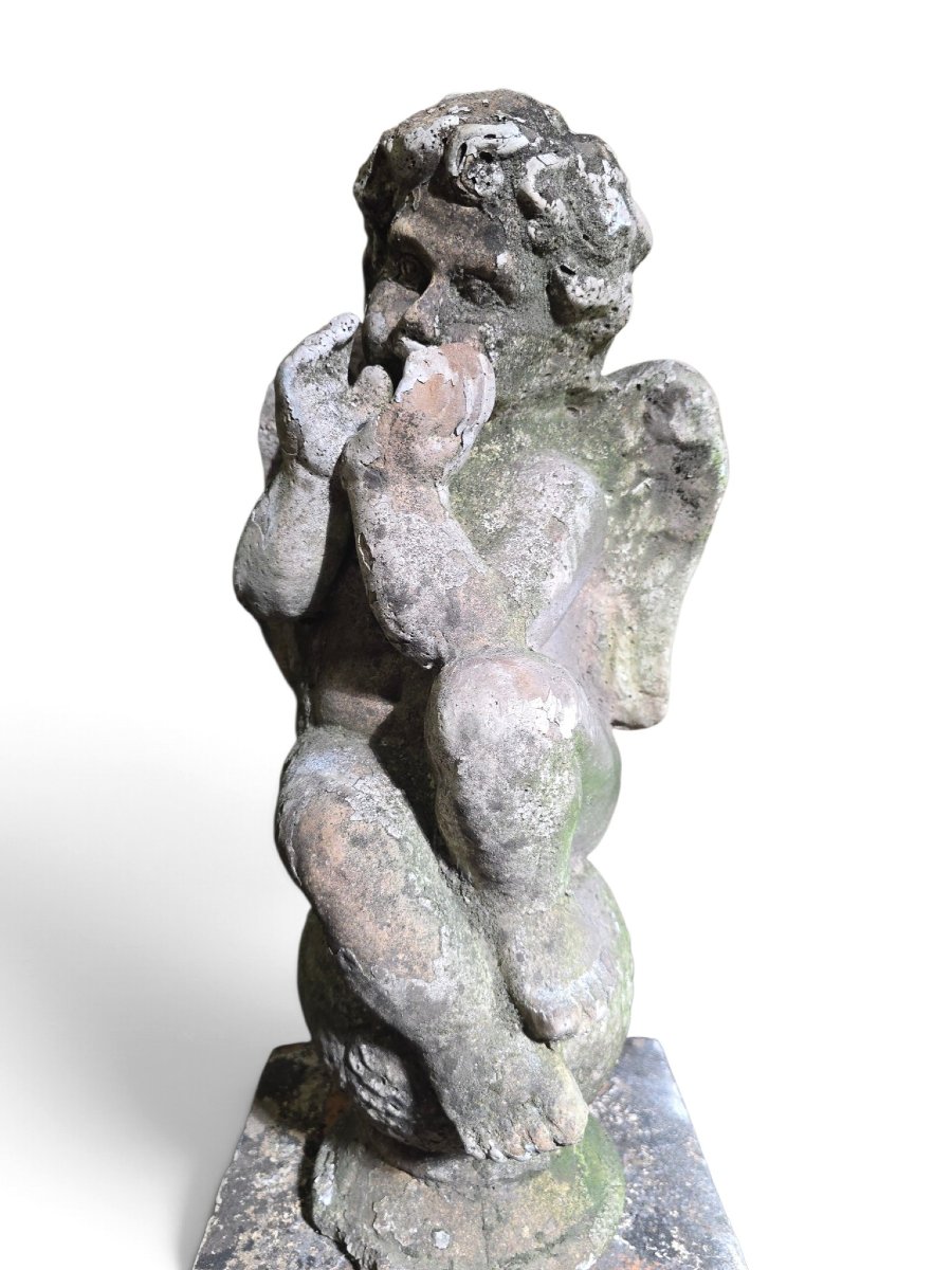 Paire de sculptures italiennes en terre cuite représentant des chérubins sur piédestaux (XIXe s-photo-1
