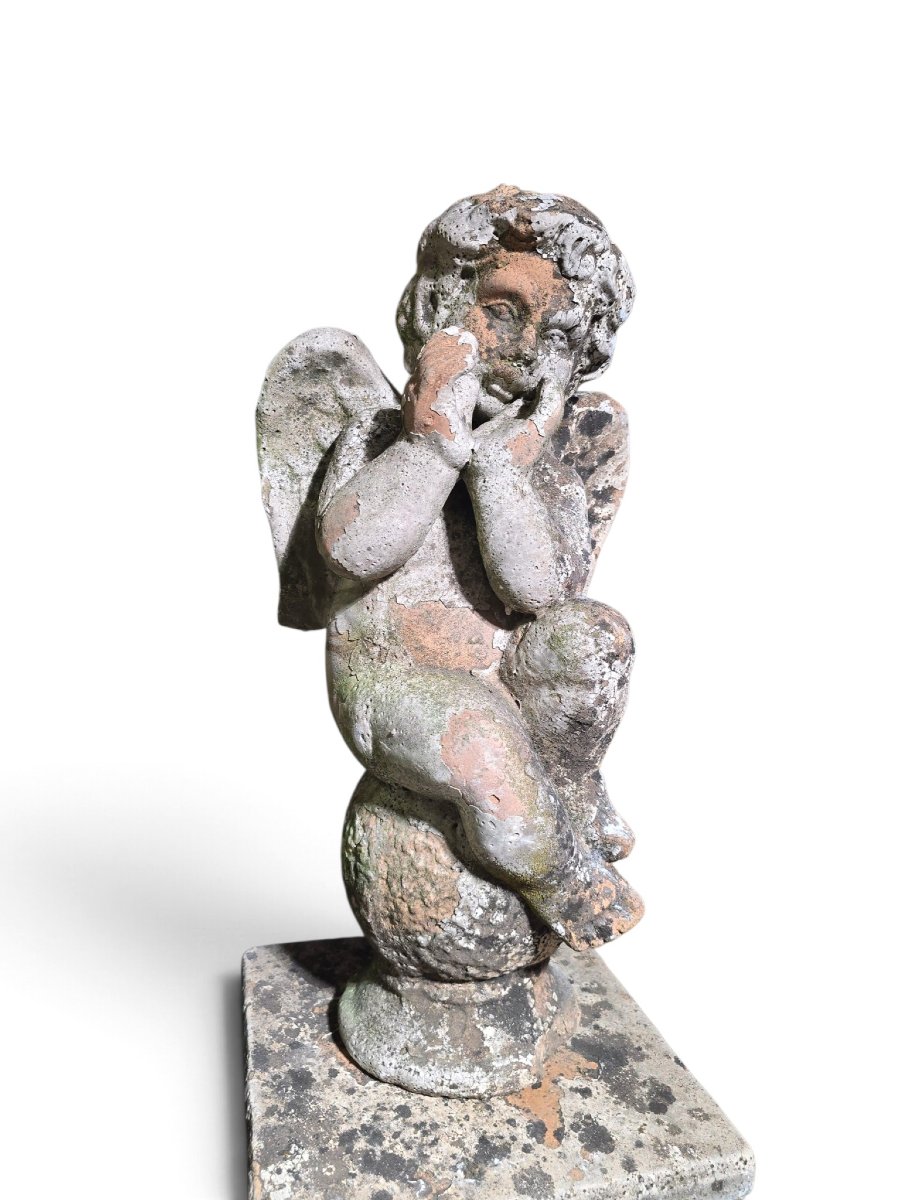 Paire de sculptures italiennes en terre cuite représentant des chérubins sur piédestaux (XIXe s-photo-2