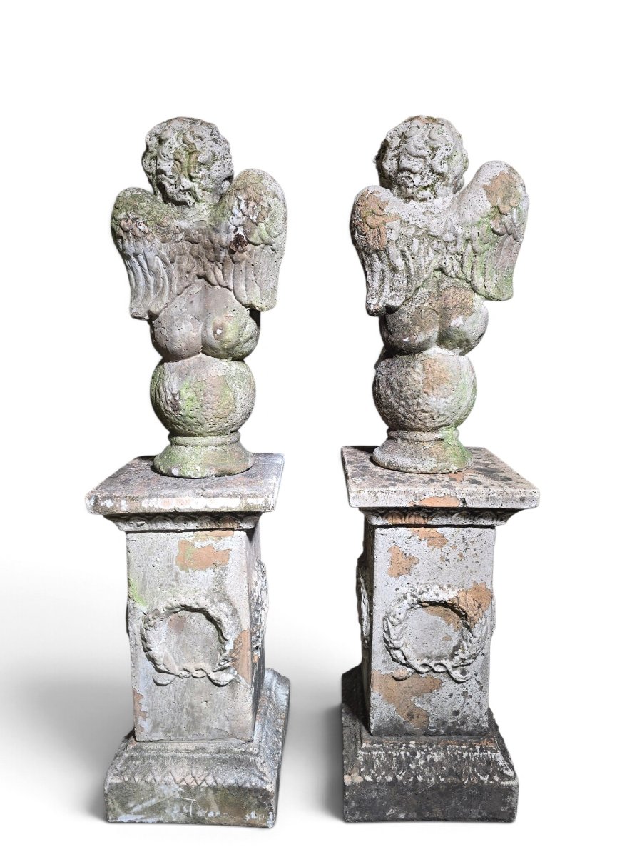 Paire de sculptures italiennes en terre cuite représentant des chérubins sur piédestaux (XIXe s-photo-3