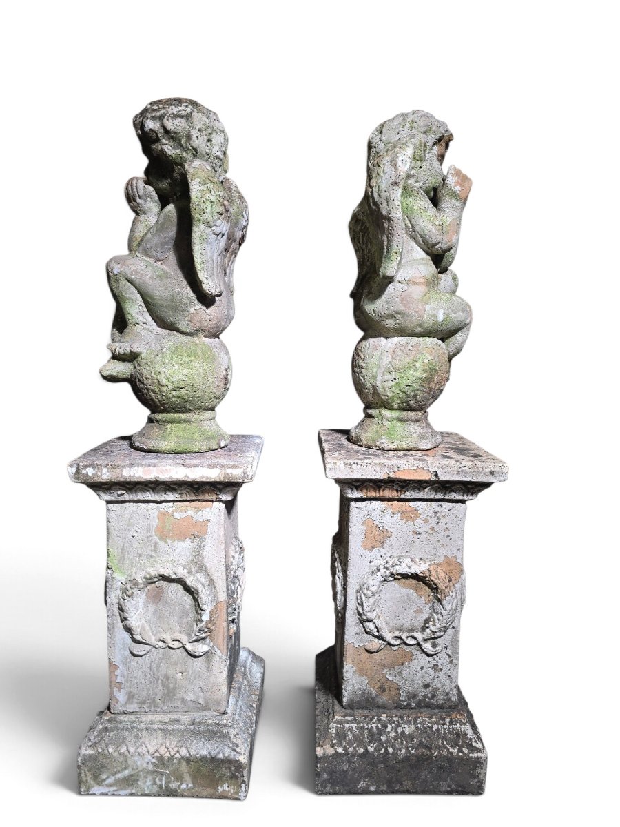 Paire de sculptures italiennes en terre cuite représentant des chérubins sur piédestaux (XIXe s-photo-4