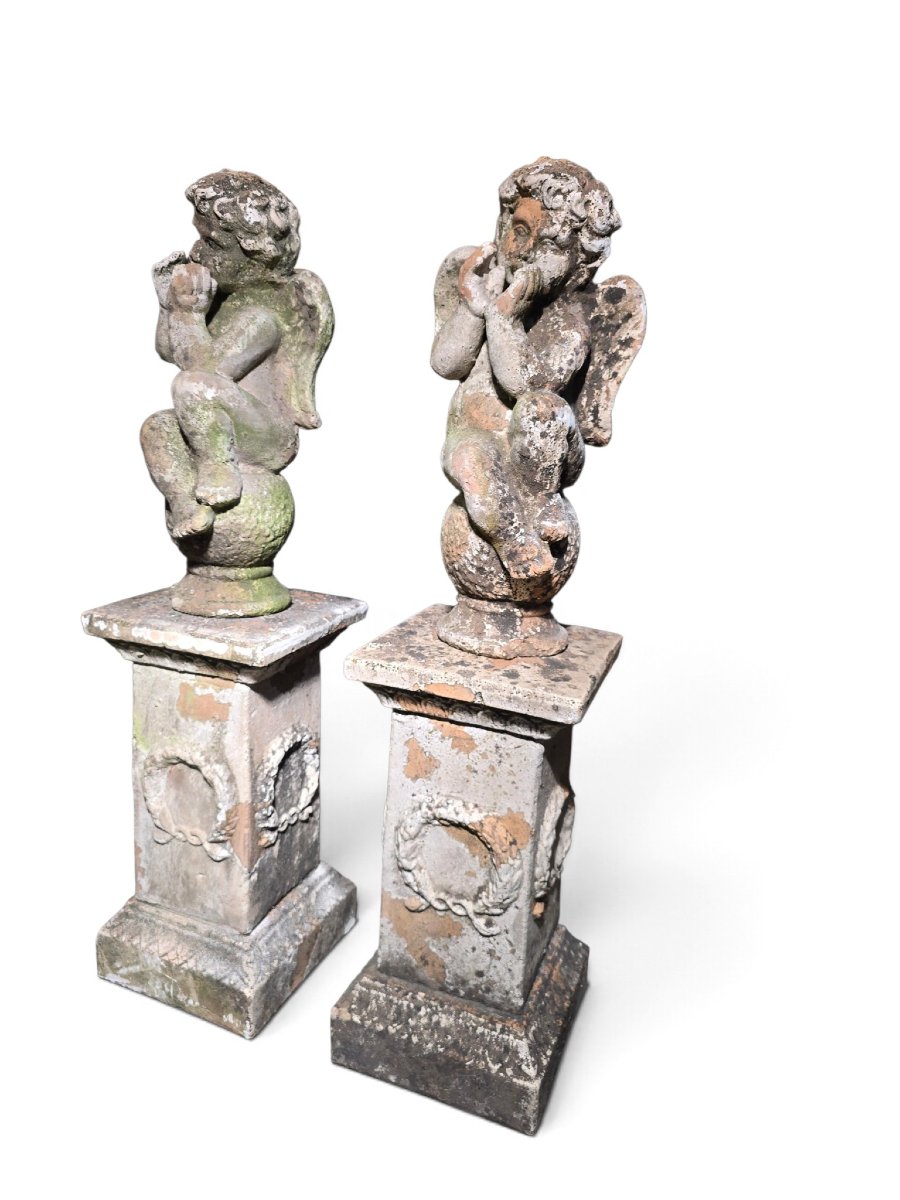 Paire de sculptures italiennes en terre cuite représentant des chérubins sur piédestaux (XIXe s-photo-5