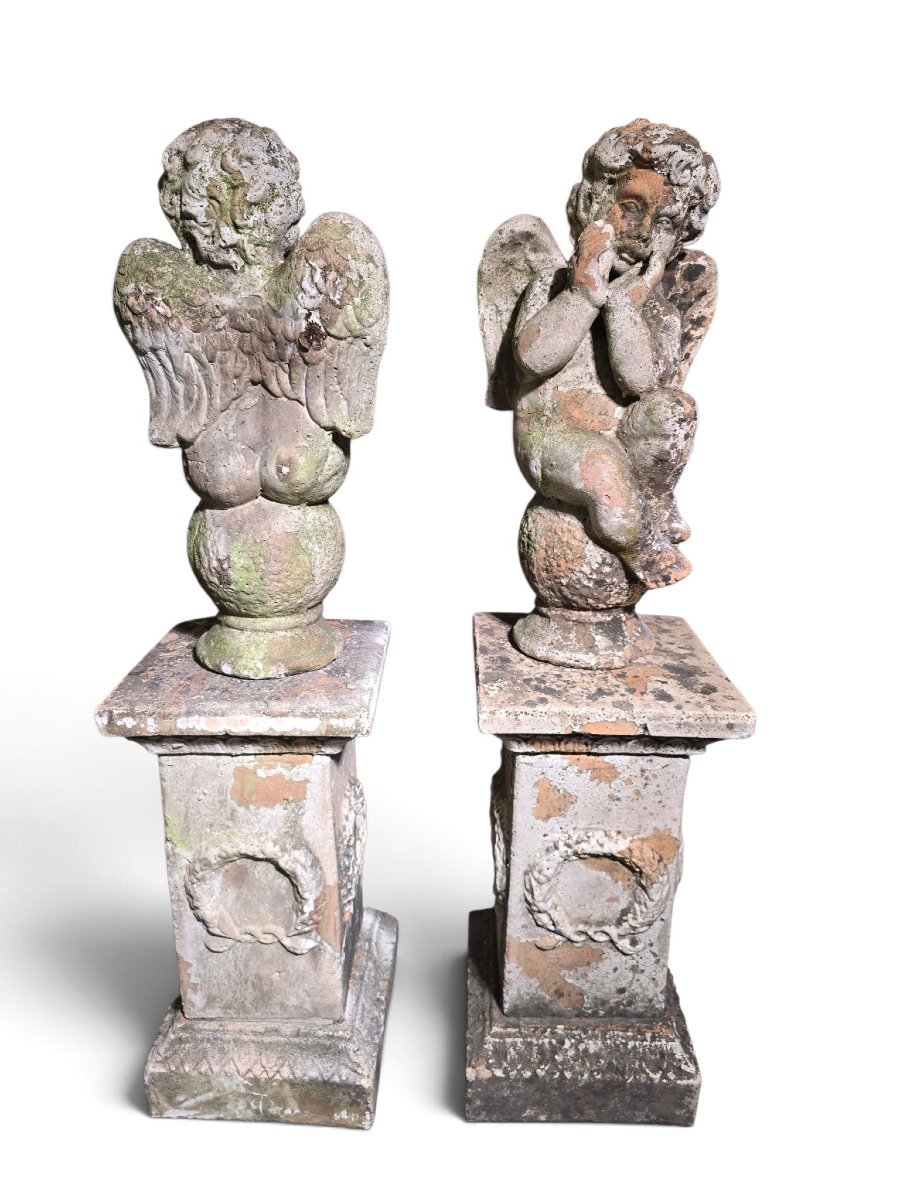 Paire de sculptures italiennes en terre cuite représentant des chérubins sur piédestaux (XIXe s-photo-6