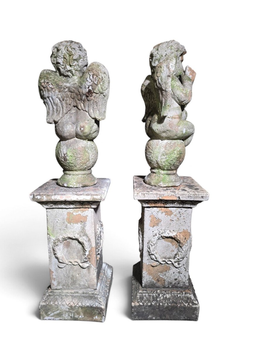 Paire de sculptures italiennes en terre cuite représentant des chérubins sur piédestaux (XIXe s-photo-7