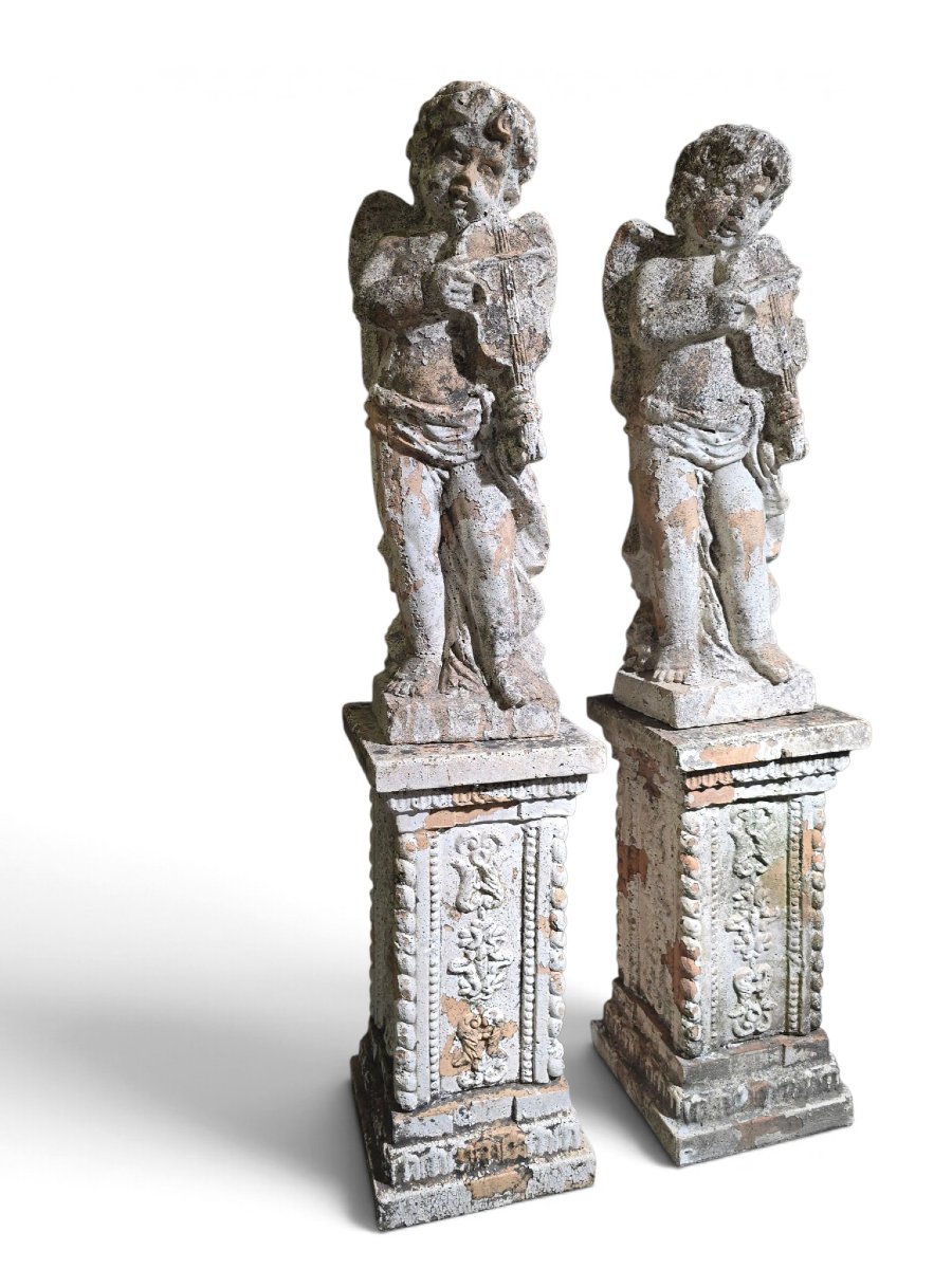 Paire de sculptures  en terre cuite italienne du XIXe siècle représentant des chéru-photo-2