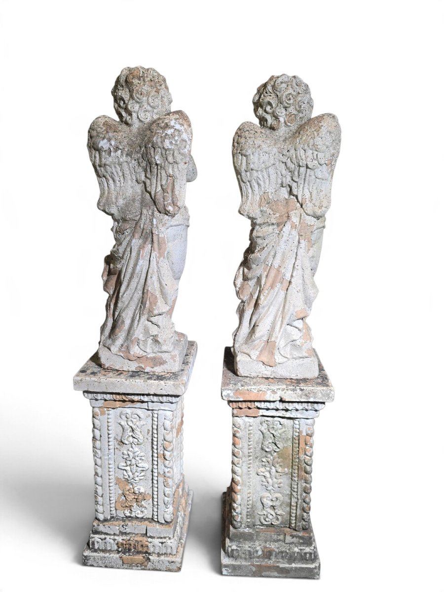 Paire de sculptures  en terre cuite italienne du XIXe siècle représentant des chéru-photo-3