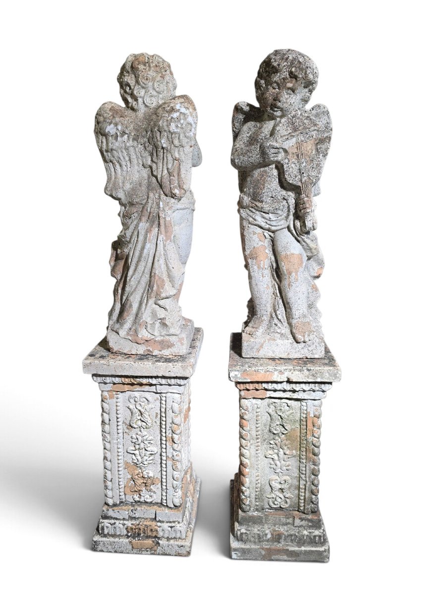 Paire de sculptures  en terre cuite italienne du XIXe siècle représentant des chéru-photo-2