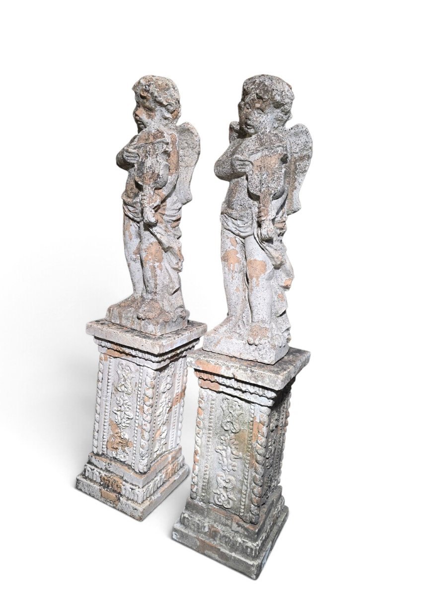 Paire de sculptures  en terre cuite italienne du XIXe siècle représentant des chéru-photo-4