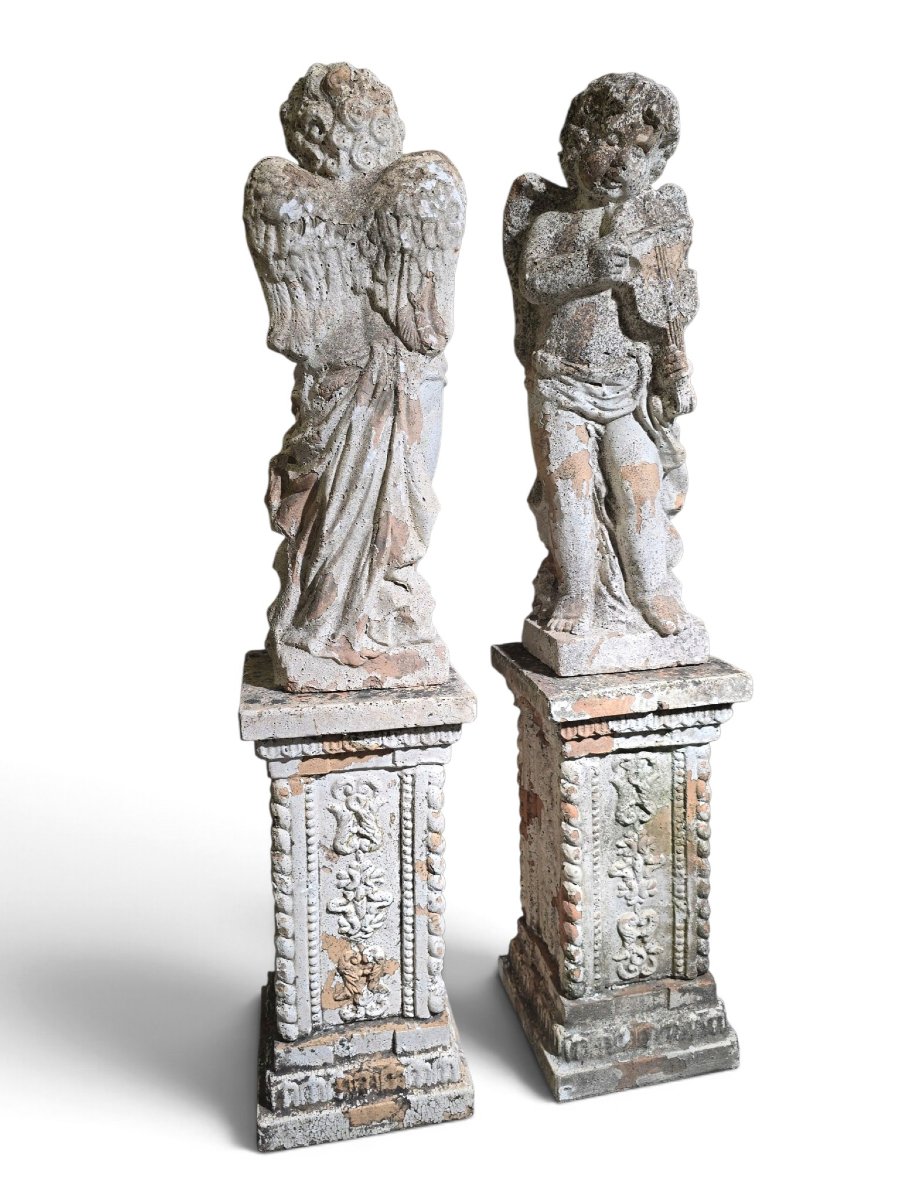 Paire de sculptures  en terre cuite italienne du XIXe siècle représentant des chéru-photo-6