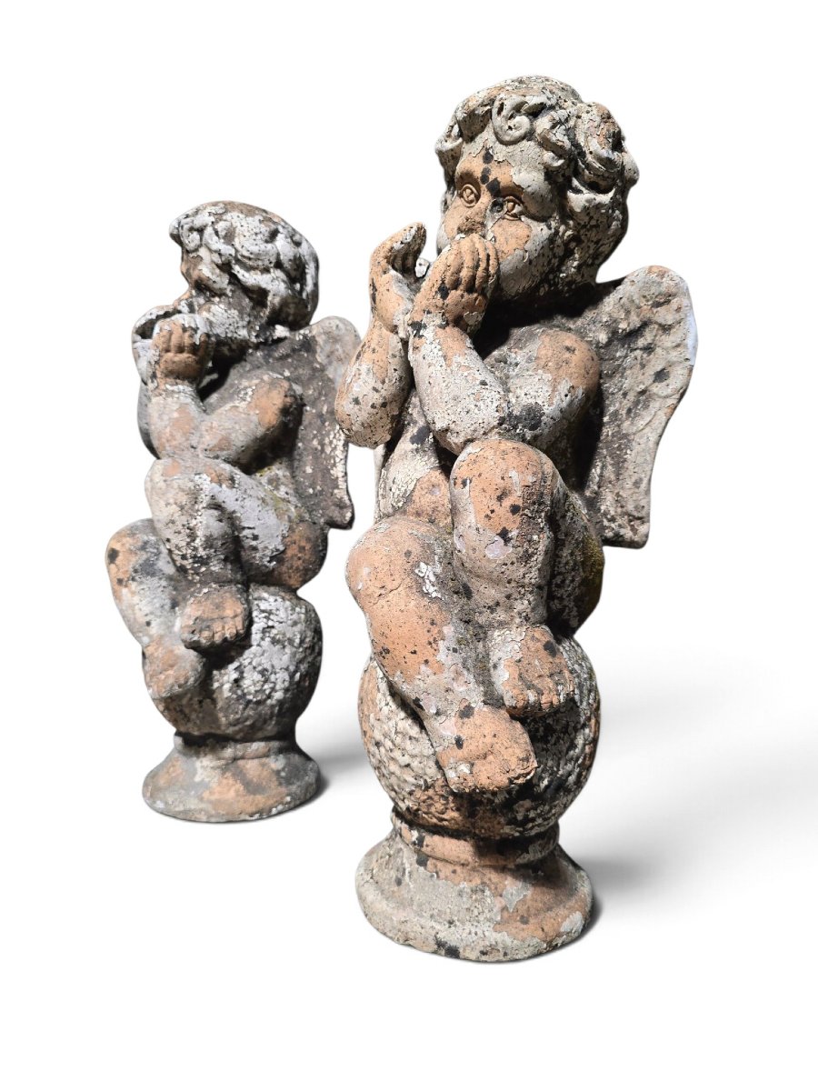 Pair Of 19th-century Italian Terracotta Cherub Sculptures, In The Neo-baroque Style-photo-2