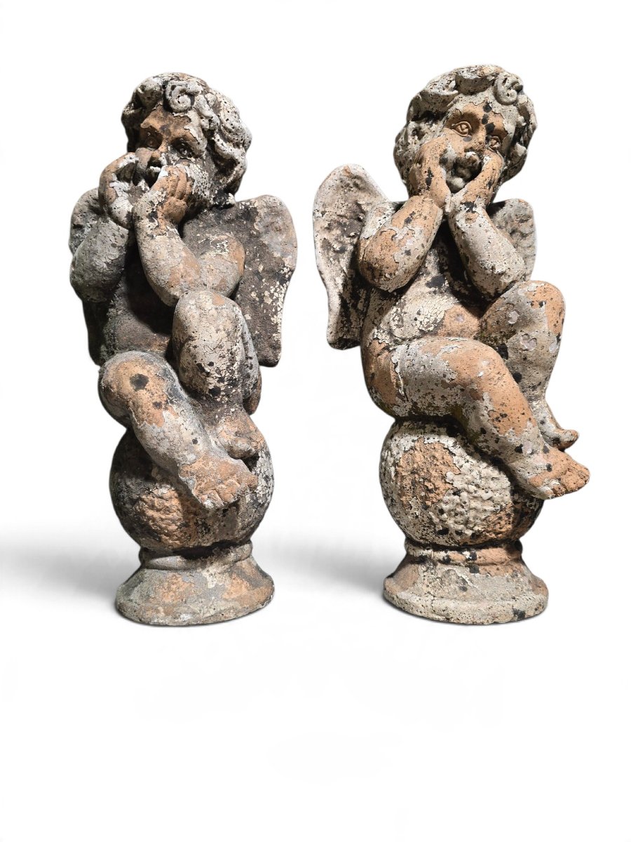Pair Of 19th-century Italian Terracotta Cherub Sculptures, In The Neo-baroque Style-photo-1