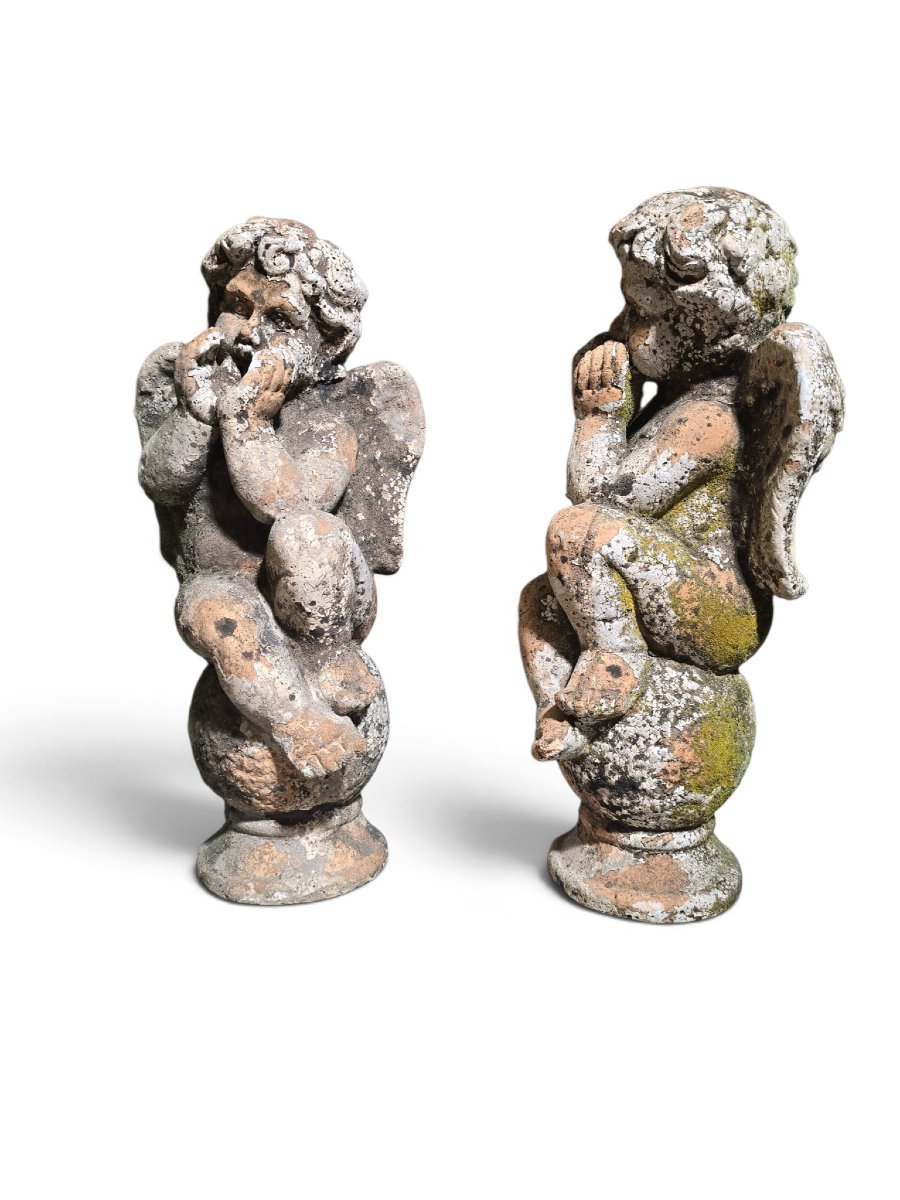 Pair Of 19th-century Italian Terracotta Cherub Sculptures, In The Neo-baroque Style-photo-2