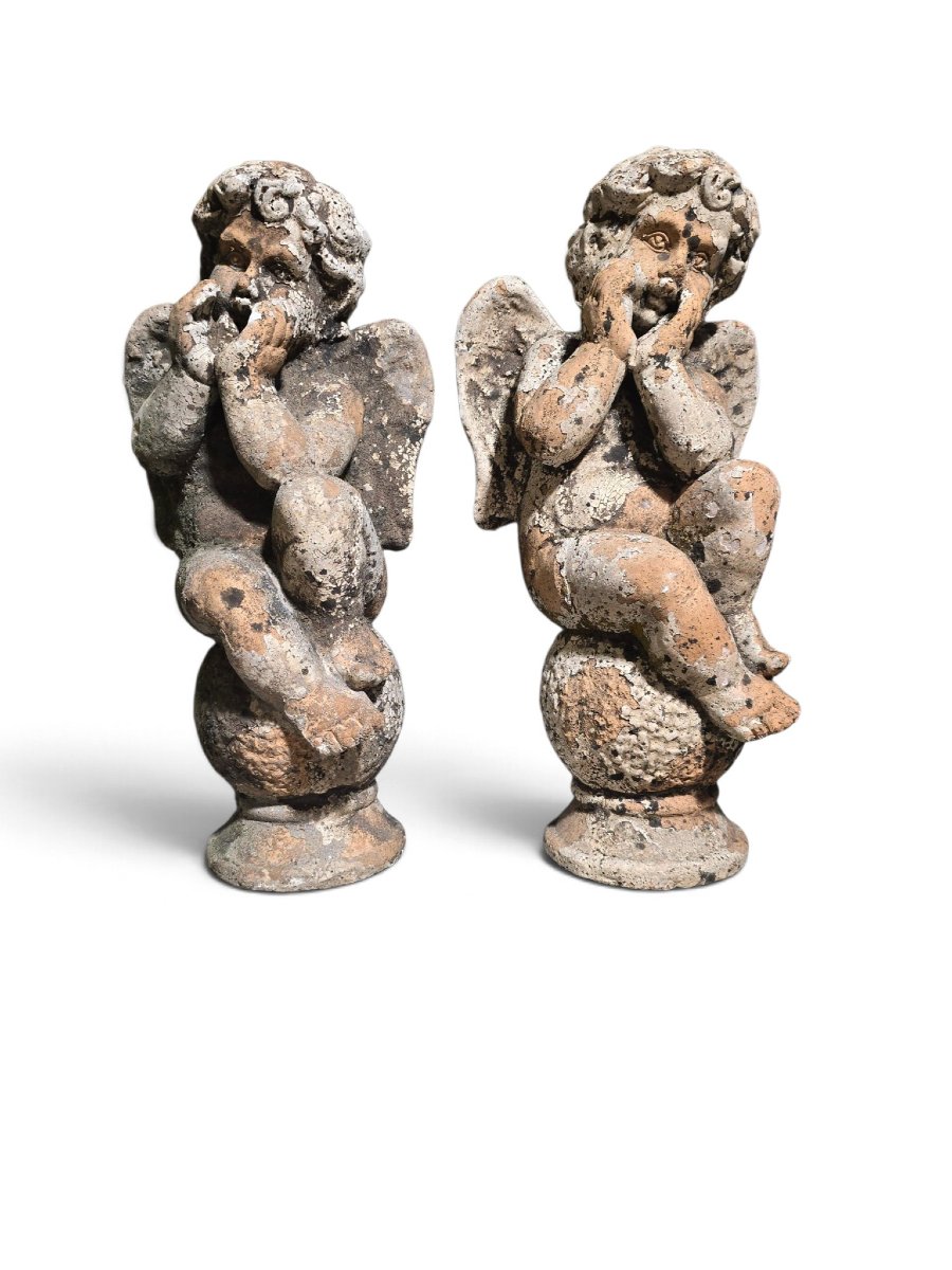 Pair Of 19th-century Italian Terracotta Cherub Sculptures, In The Neo-baroque Style