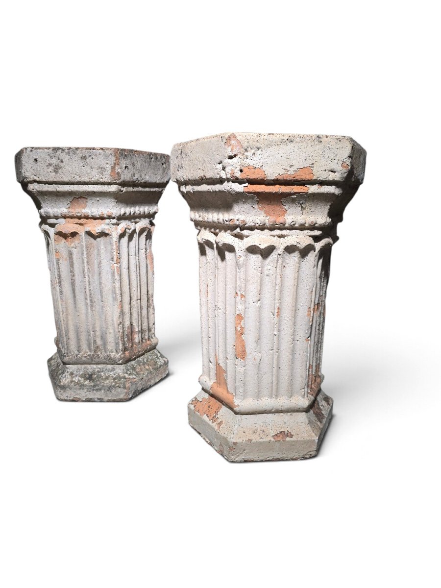 Pair Of 19th-century Italian Terracotta Hexagonal Pedestals – Sculpture Stands-photo-3