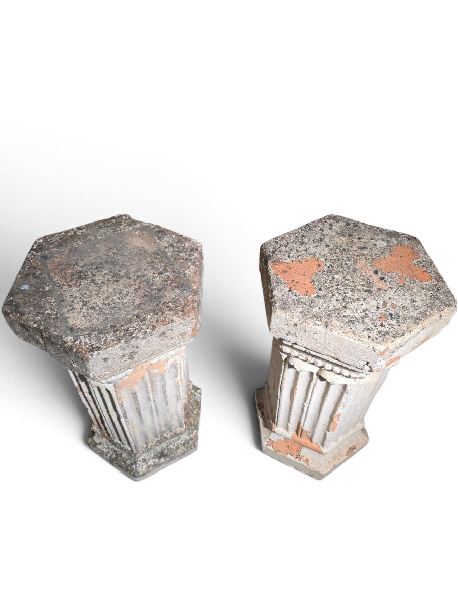 Pair Of 19th-century Italian Terracotta Hexagonal Pedestals – Sculpture Stands-photo-4
