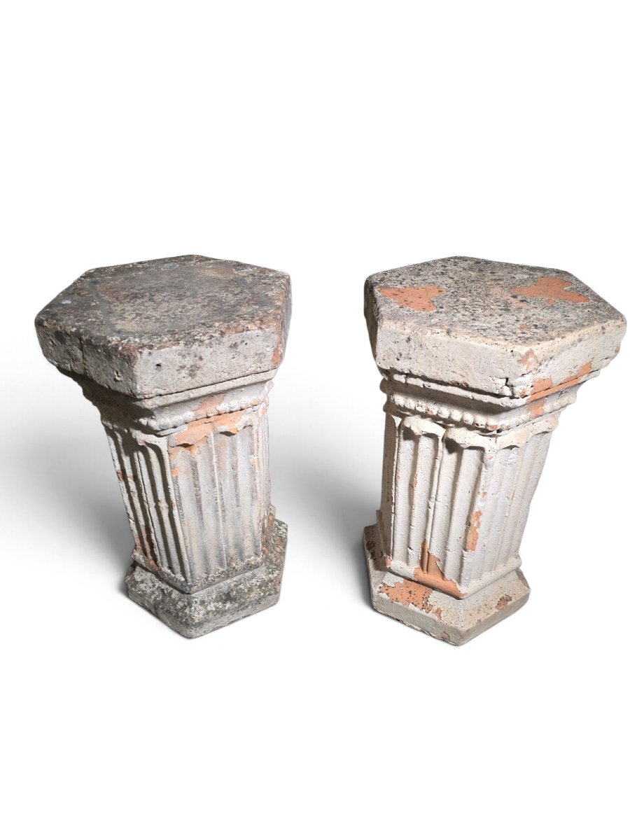 Pair Of 19th-century Italian Terracotta Hexagonal Pedestals – Sculpture Stands-photo-3