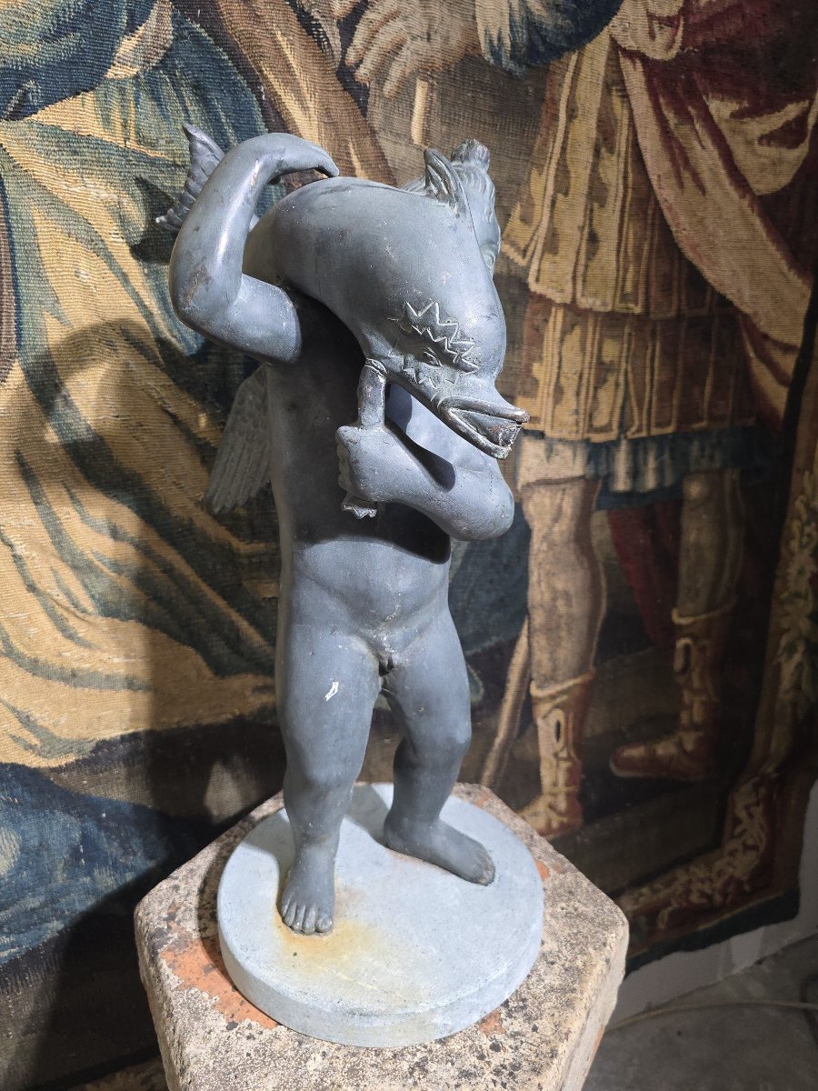 Paire de bronzes italiens du XIXe siècle (époque « Grand Tour ») : putti avec oie et dauphin su-photo-3