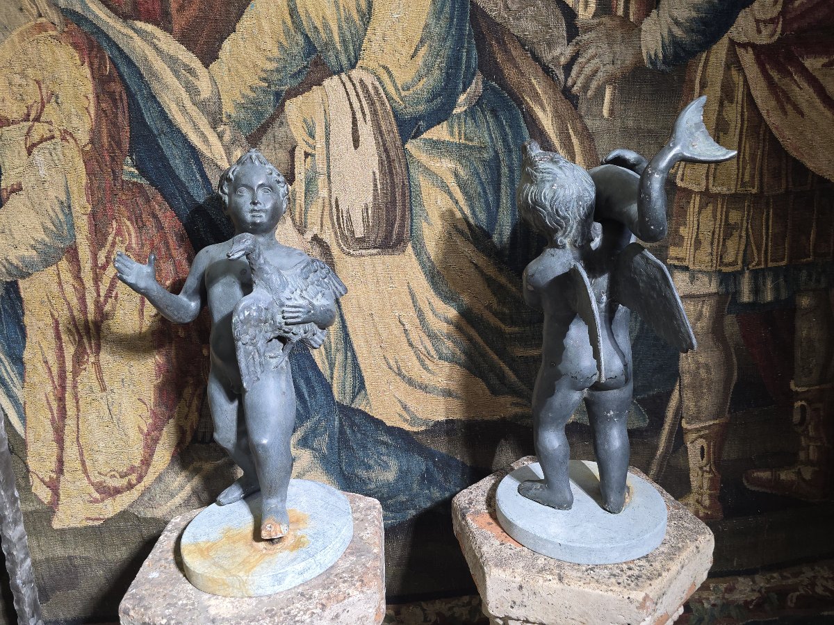 Paire de bronzes italiens du XIXe siècle (époque « Grand Tour ») : putti avec oie et dauphin su-photo-5