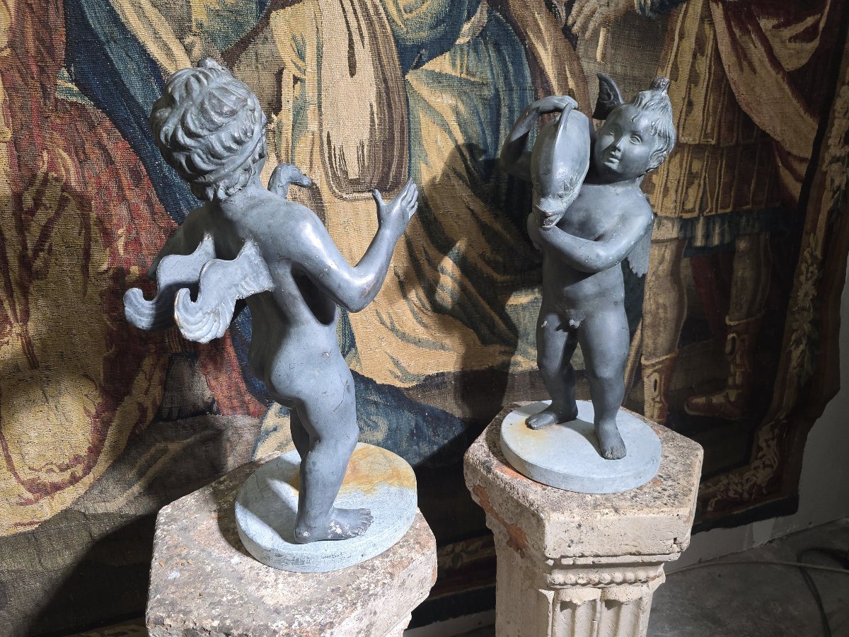 Paire de bronzes italiens du XIXe siècle (époque « Grand Tour ») : putti avec oie et dauphin su-photo-7
