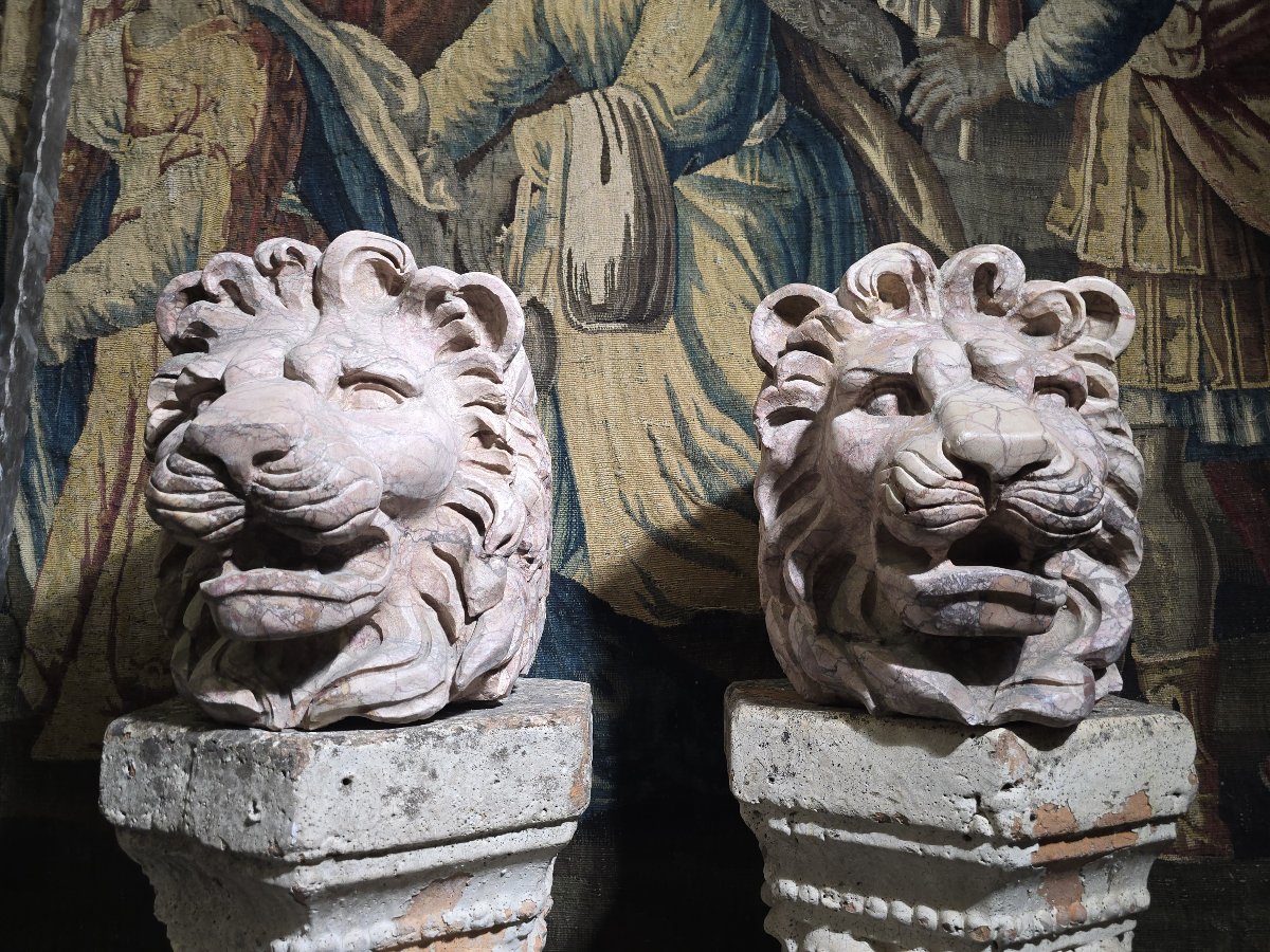 Paire de têtes de lion en marbre italien veiné de rouge, sculptées au XIXe siècle (style Grand -photo-3