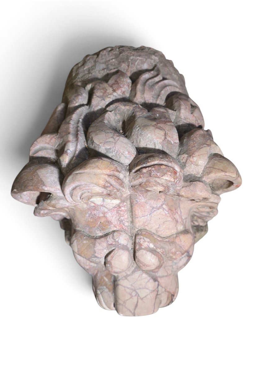 Paire de têtes de lion en marbre italien veiné de rouge, sculptées au XIXe siècle (style Grand -photo-4